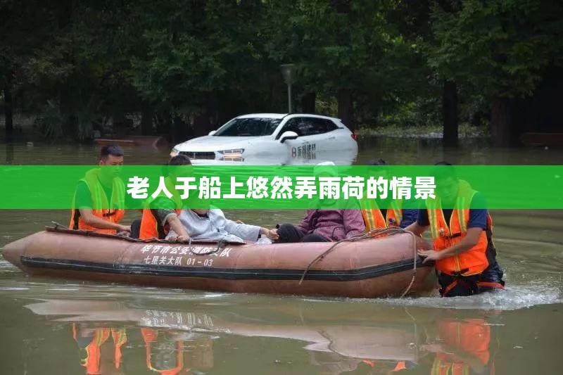 老人于船上悠然弄雨荷的情景