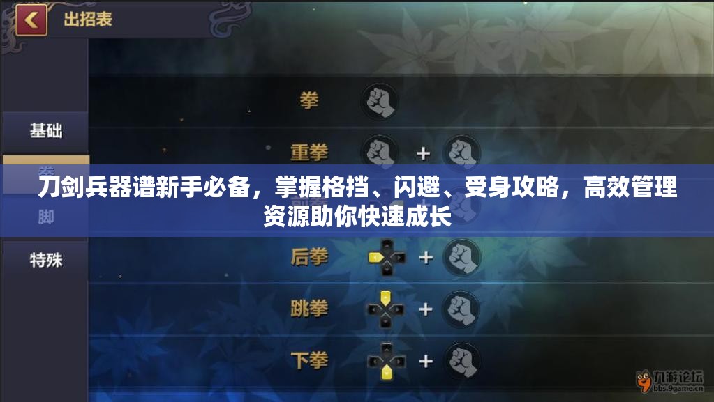 刀剑兵器谱新手必备，掌握格挡、闪避、受身攻略，高效管理资源助你快速成长